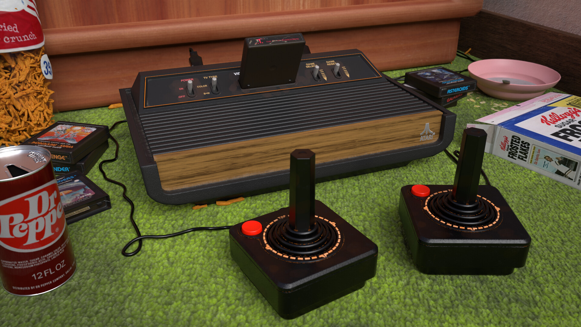 A 3D rendering of an old Atari in a 1970's style living room'